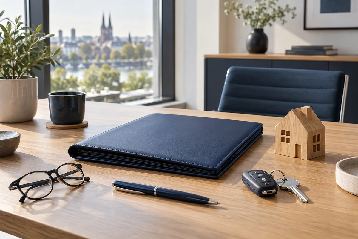 Schreibtisch mit Dokumentenordner, Hausmodell, Schlüssel und Brille