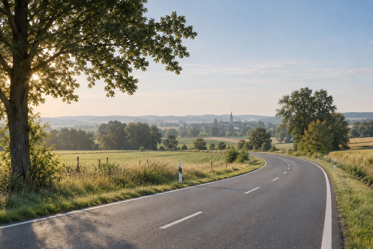 Landstraße durch die hügelige nordhessische Landschaft im Spätsommerlicht