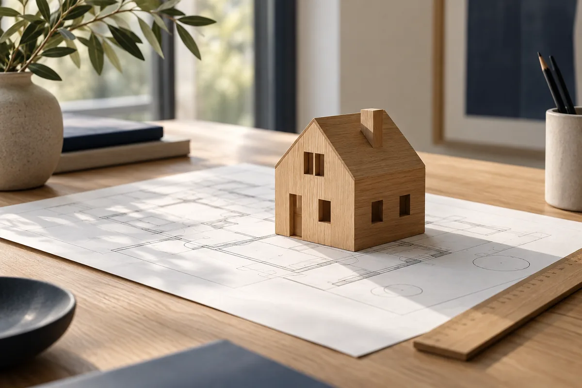 Architekturmodell eines Einfamilienhauses aus hellem Holz neben einem aufgerollten Bauplan