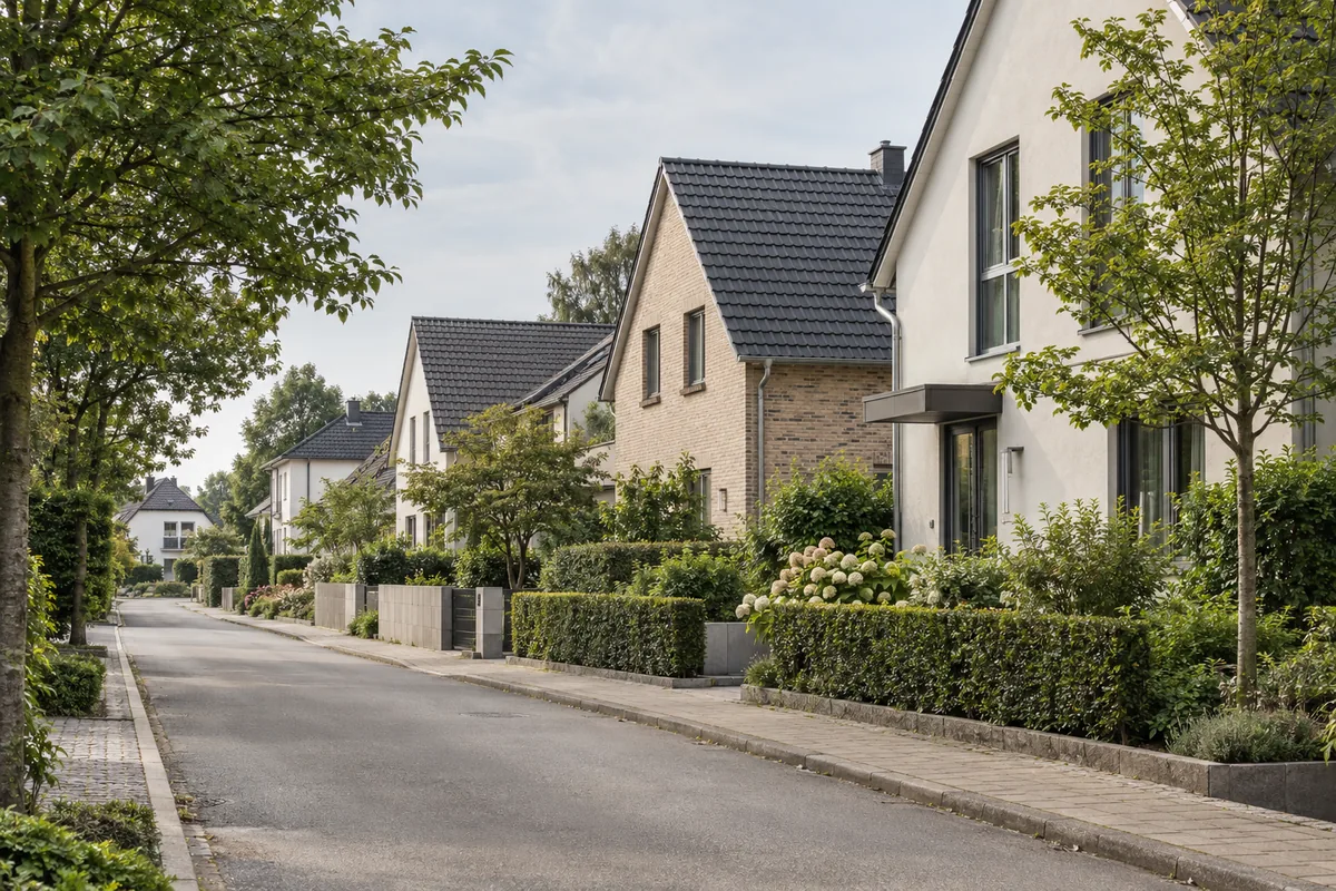 Moderne Wohnhäuser aus rotem Klinker und hellem Putz an einer ruhigen Wohnstraße