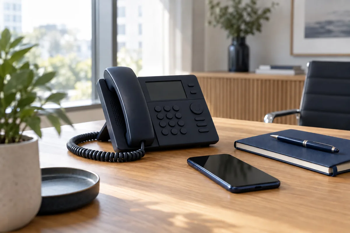 Schreibtisch mit Telefon, Notizblock, Stift und einer Tasse Kaffee im Tageslicht
