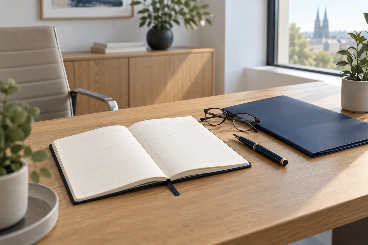 Schreibtisch mit Notizbuch, marineblauem Dokumentenordner und Stift