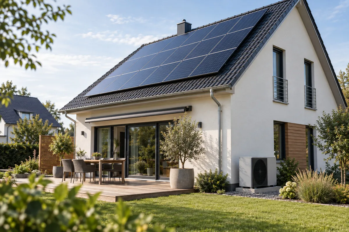 Einfamilienhaus mit Solarmodulen auf dem Dach und gepflegtem Garten