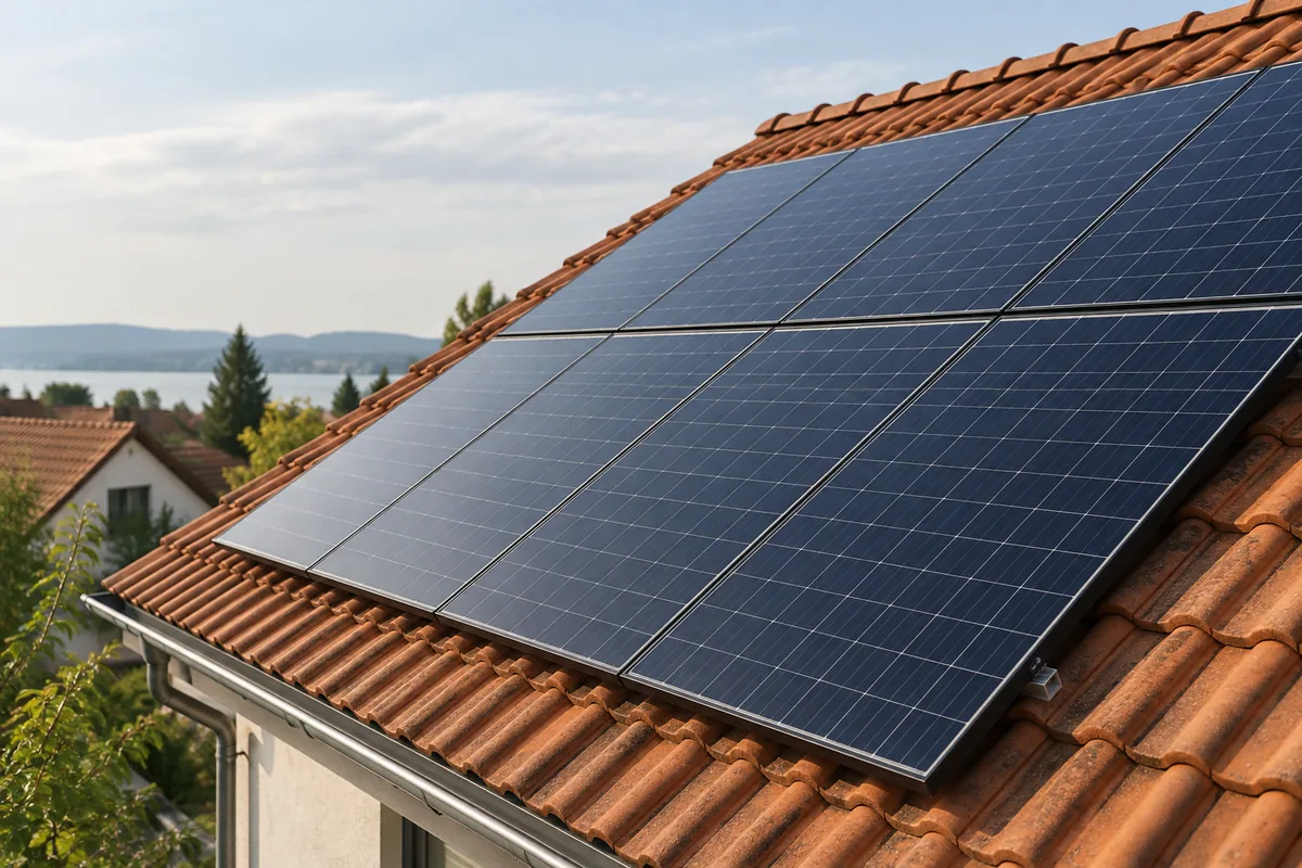 Solarmodule auf dem Ziegeldach eines Einfamilienhauses unter blauem Himmel