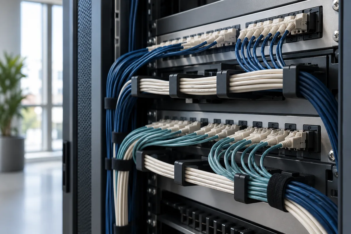 Sauber verlegte Glasfaserkabel in einem Netzwerkschrank mit blauen Leuchtakzenten