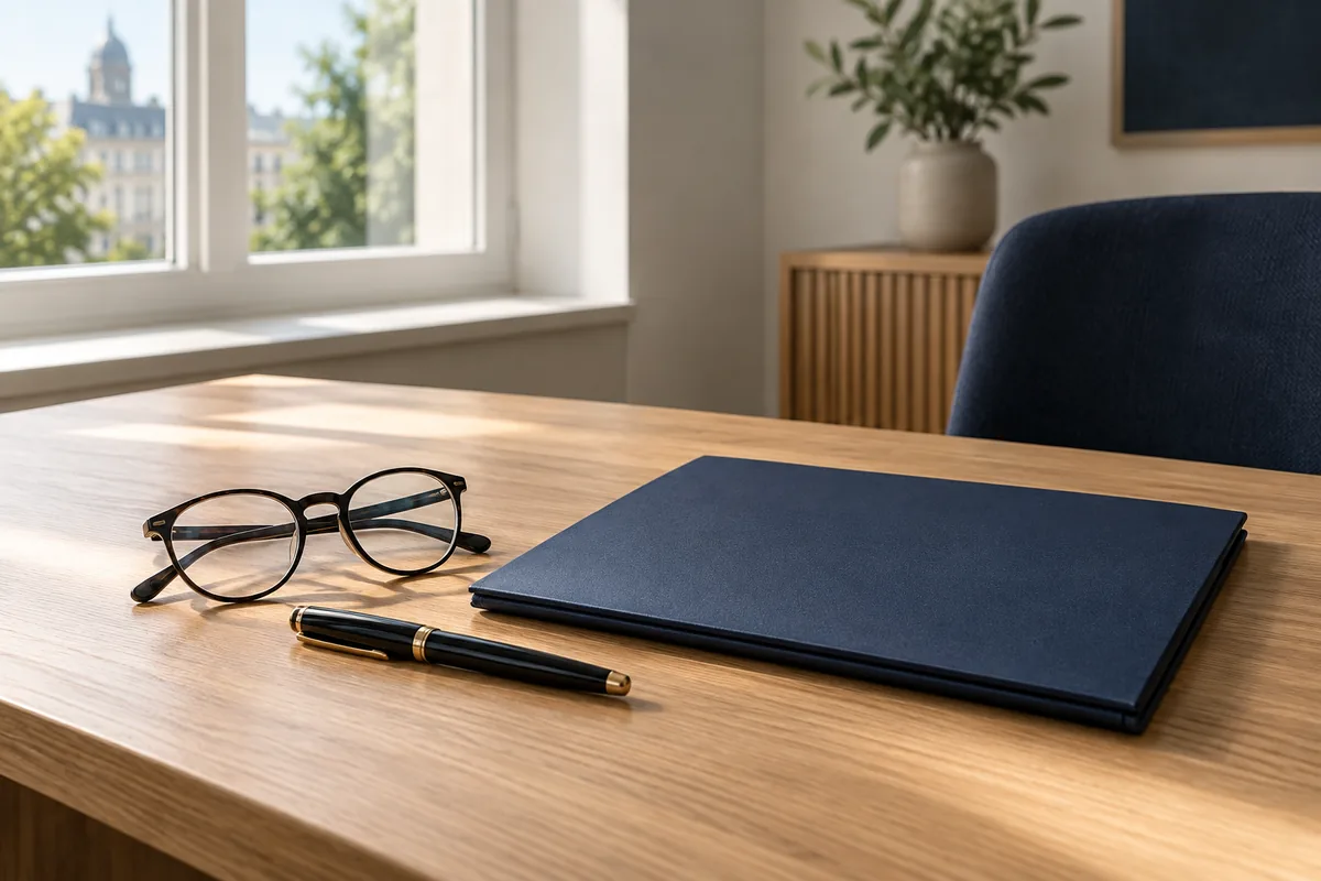 Aufgeräumter Schreibtisch mit Lesebrille, Füller und einem marineblauen Dokumentenordner
