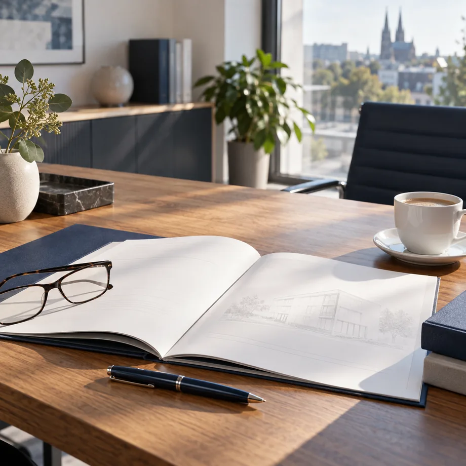Heller Arbeitsplatz am Fenster mit aufgeschlagenen Unterlagen, Lesebrille und einer Tasse Kaffee
